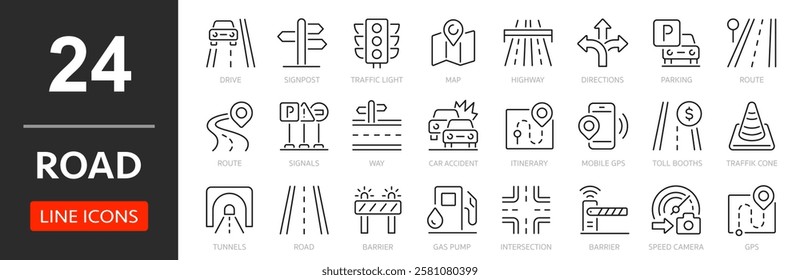 Road thin line icon set. Route, drive, parking, map, highway, cone, barrier, car accident, GPS, traffic light - stock vector.