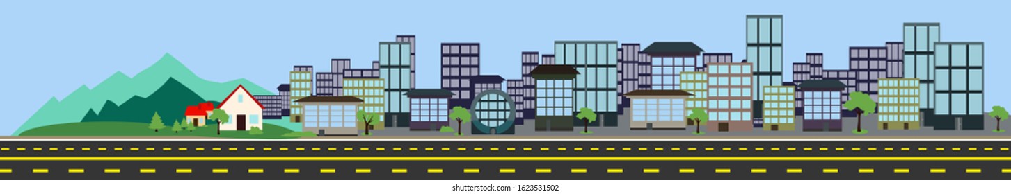 The road through the city. Long vector background for motion graphics and cartoons.