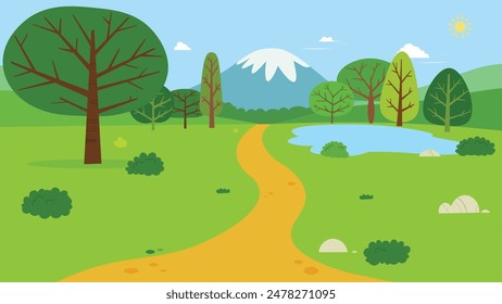 Road through the countryside. Green hills, blue sky, meadow and mountains. Summer landscape vector illustration.Natural Public park with footpath.Nature landscape with garden