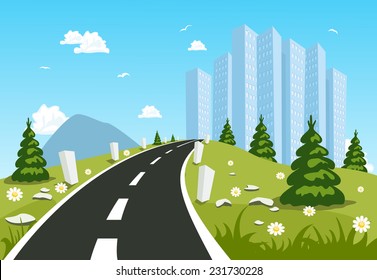 Road through the countryside into the city