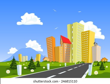 Road through the countryside into the city