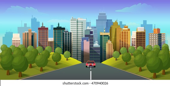 Road through the countryside into the city Vector Illustration for your application 