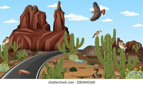 Road through the desert forest landscape scene with desert animals illustration