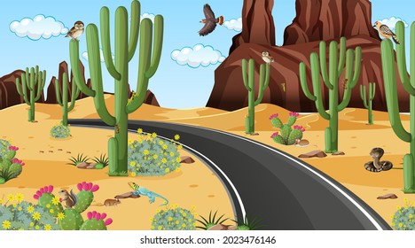 Road through the desert forest landscape scene with desert animals illustration