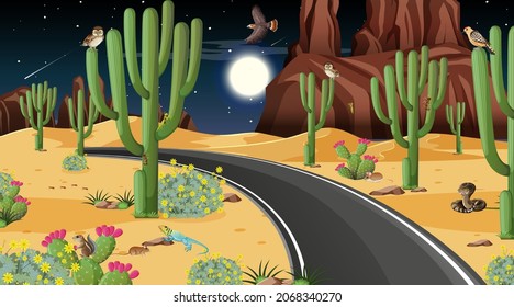 Road through the desert forest landscape scene with desert animals illustration