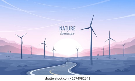 A road through a field with wind turbines. Green energy of wind generators. Mountainous landscape on the background of sunset. Vector illustration.