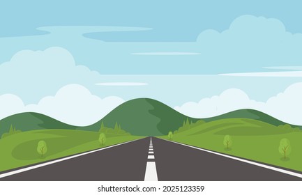 Road through fields and hills. Straight empty asphalt highway.