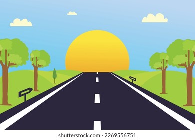 The road through fields and hills under blue sky with sun