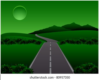 The road through the fields under the night sky with full moon