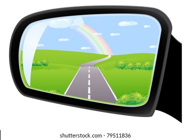 The road through the fields under the rainbow, is reflected in car side rear view mirror