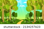 Road through the forest cartoon landscape. Cartoon forest with path among the trees. Vector image.