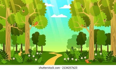 Road through the forest cartoon landscape. Cartoon forest with path among the trees. Vector image.