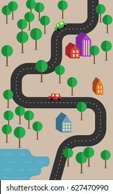 Road through in the forest and city.