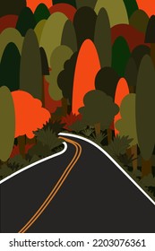 Road through the forest. Vector illustration of the beginning of autumn