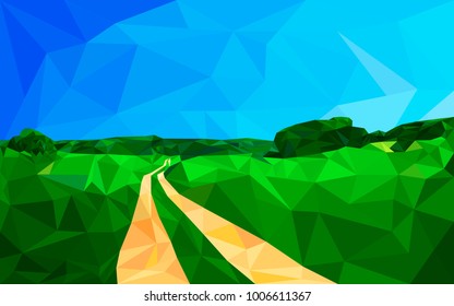 Road through the green field under the blue sky. Vector landscape illustration. Low Poly