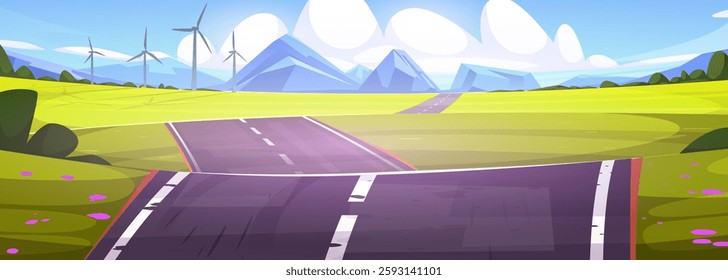 Road through green fields toward mountains with wind turbines and pink flowers along pathway - scenic highway stretches into distance in front of peaks. Rural landscape illustration for travel design.