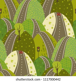 Road Through The Green Hills vector seamles pattern urban background doodle texture