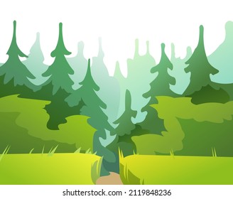 Road through the meadow and forest. Beautiful coniferous trees. Summer rural landscape. Illustration in cartoon style flat design Isolated on white background. Vector