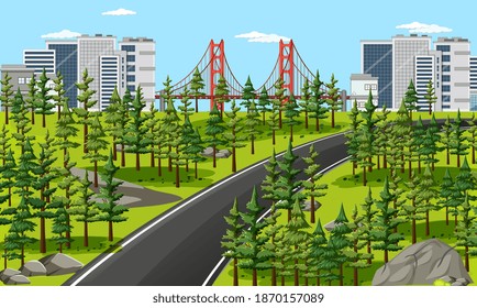 Road through a park to a city