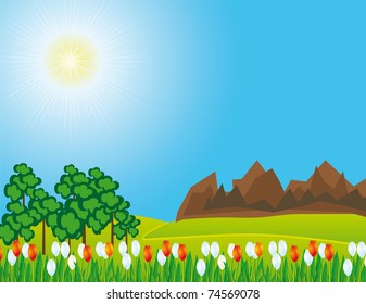 The road through the prairie and mountains. Vector illustration