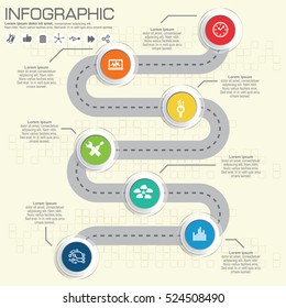 Road timeline infographic design template with color icons. Vector illustration for workflow layout, diagram, number options, web design.