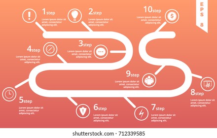 Road Timeline Infographic Design Template With An Shaped Icons On The Red-orange Background. EPS 8.