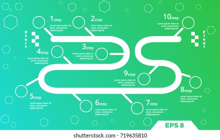 Road Timeline Infographic Design Template With The Steps And An Empty Circle Places For Your Icons Or Images  On The Blue-green Background. EPS 8.