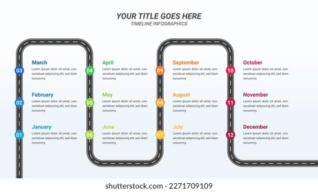 Road Timeline Infographic Presentation Template with Twelve Months Options or Steps for One Year Forecast, Business Presentations, Finance Reports, Business Planning, and Yearly Reports.