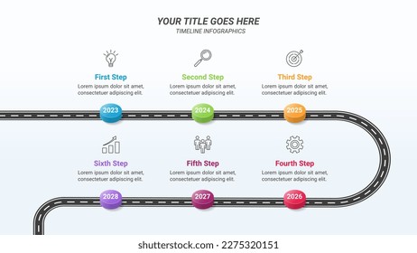 Plantilla de presentación de información de línea de tiempo en una relación de 16:9 con un icono comercial y seis opciones o pasos para presentaciones de negocios, hitos de empresa, informes financieros y diseño web.
