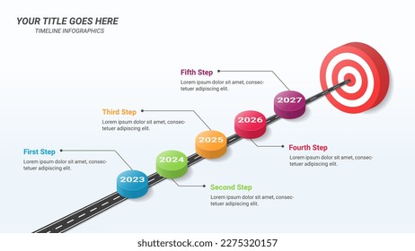 Road Timeline Infografik Präsentation Vorlage auf einem 16:9 Verhältnis mit 3D Bullseye oder Ziel-Board mit 5 Schritten für Firmenziele, Unternehmens-Meilenstein oder Geschichte, Geschäftsberichte und Web Design.