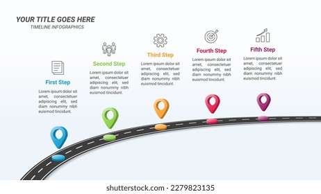 Plantilla de presentación Infográfica de Línea de Tiempo por Carretera con cinco pasos, pines de ubicación 3D e icono de negocio en una relación de 16:9 para presentaciones de negocios, hitos de empresa, informes financieros y diseño web.