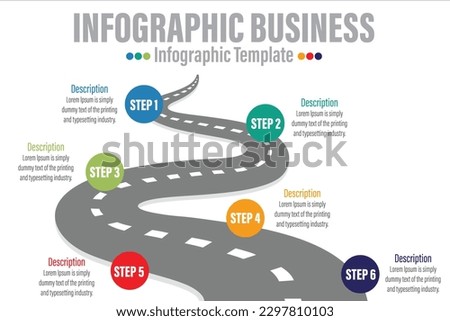 Road Timeline Infographic Presentation Template on with 3D Location Pin and Six Options or Steps for Business Presentations, Finance Reports, Web Design, and 6 Steps Reports.