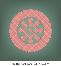 Road tire sign. Apricot Icon with Brick Red parquet floor graphic pattern on a Ebony background. Feldgrau. Green. Illustration.