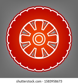 Road tire sign. Flat red icon with linear white icon with gray shadow at grayish background. Illustration.