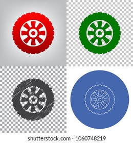 Road tire sign. Vector. 4 styles. Red gradient in radial lighted background, green flat and gray scribble icons on transparent and linear one in blue circle.