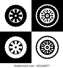 Road tire sign. Vector. Black and white icons and line icon on chess board.