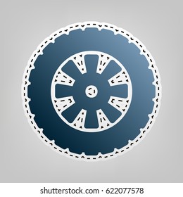 Road tire sign. Vector. Blue icon with outline for cutting out at gray background.