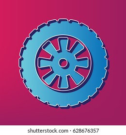 Road tire sign. Vector. Blue 3d printed icon on magenta background.
