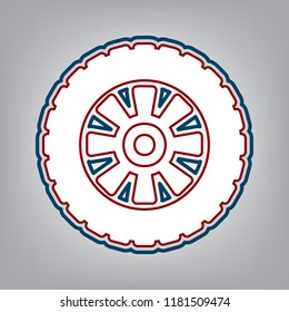 Road tire sign. Vector. Dark red, transparent and midnight green stroke of white icon at grayish background.