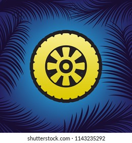 Road tire sign. Vector. Golden icon with black contour at blue background with branches of palm trees.