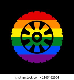 Road tire sign. Vector. Icon with colors of LGBT flag at black background.