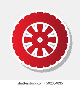 Road tire sign. Vector. New year reddish icon with outside stroke and gray shadow on light gray background.