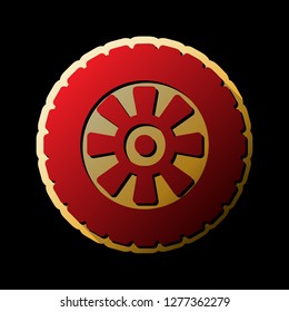 Road tire sign. Vector. Red icon with small black and limitless shadows at golden sticker on black background.