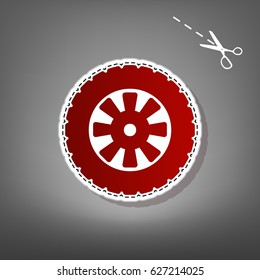 Road tire sign. Vector. Red icon with for applique from paper with shadow on gray background with scissors.