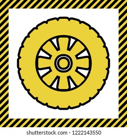 Road tire sign. Vector. Warm yellow icon with black contour in frame named as under construction at white background. Isolated.