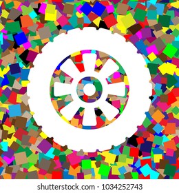 Road tire sign. Vector. White icon on colorful background with seamless pattern from squares.