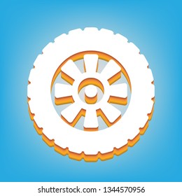 Road tire sign. Vector. White icon with 3d warm-colored gradient body at sky blue background.