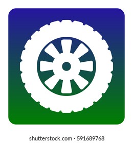 Road tire sign. Vector. White icon at green-blue gradient square with rounded corners on white background. Isolated.
