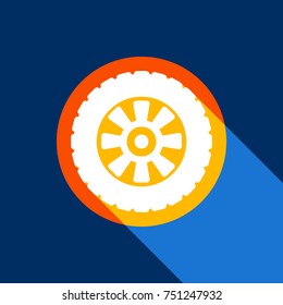 Road tire sign. Vector. White icon on tangelo circle with infinite shadow of light at cool black background. Selective yellow and bright navy blue are produced.