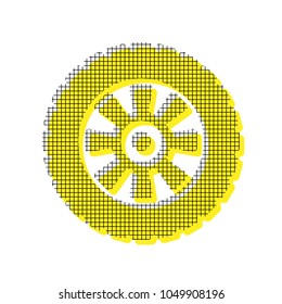 Road tire sign. Vector. Yellow icon with square pattern duplicate at white background. Isolated.